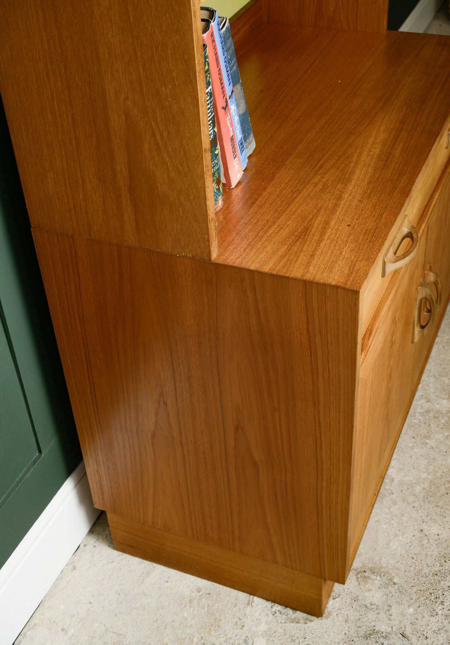G Plan Sierra Wall Unit with Glass Doors and Green Backboard