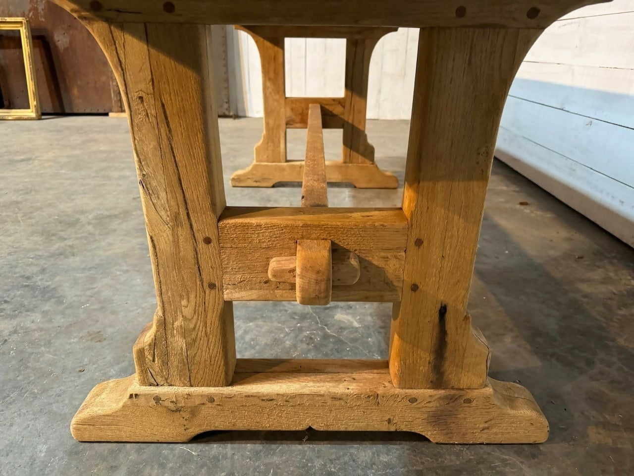 French Bleached Oak Trestle Farmhouse Dining Table