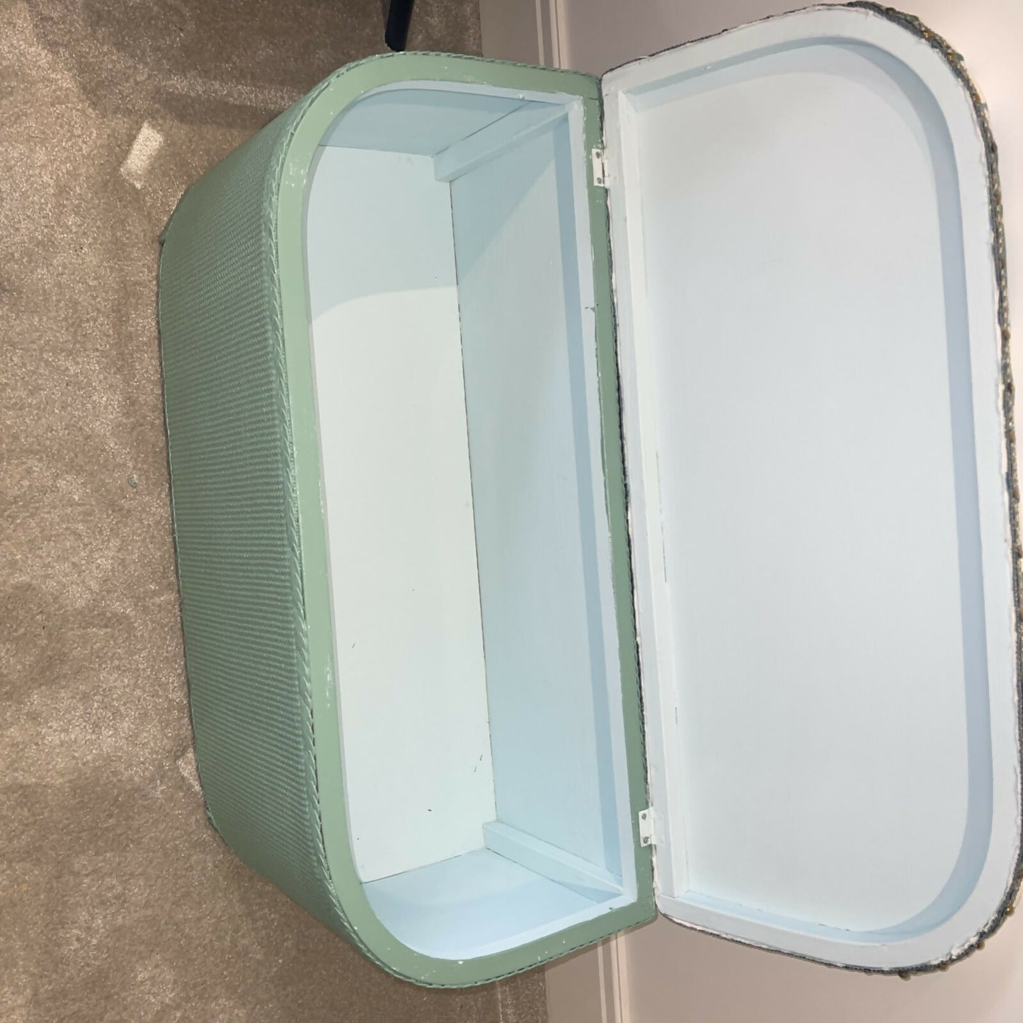 beautiful green repainted mid century storage seat/ ottoman. You choose the fabric from select given.