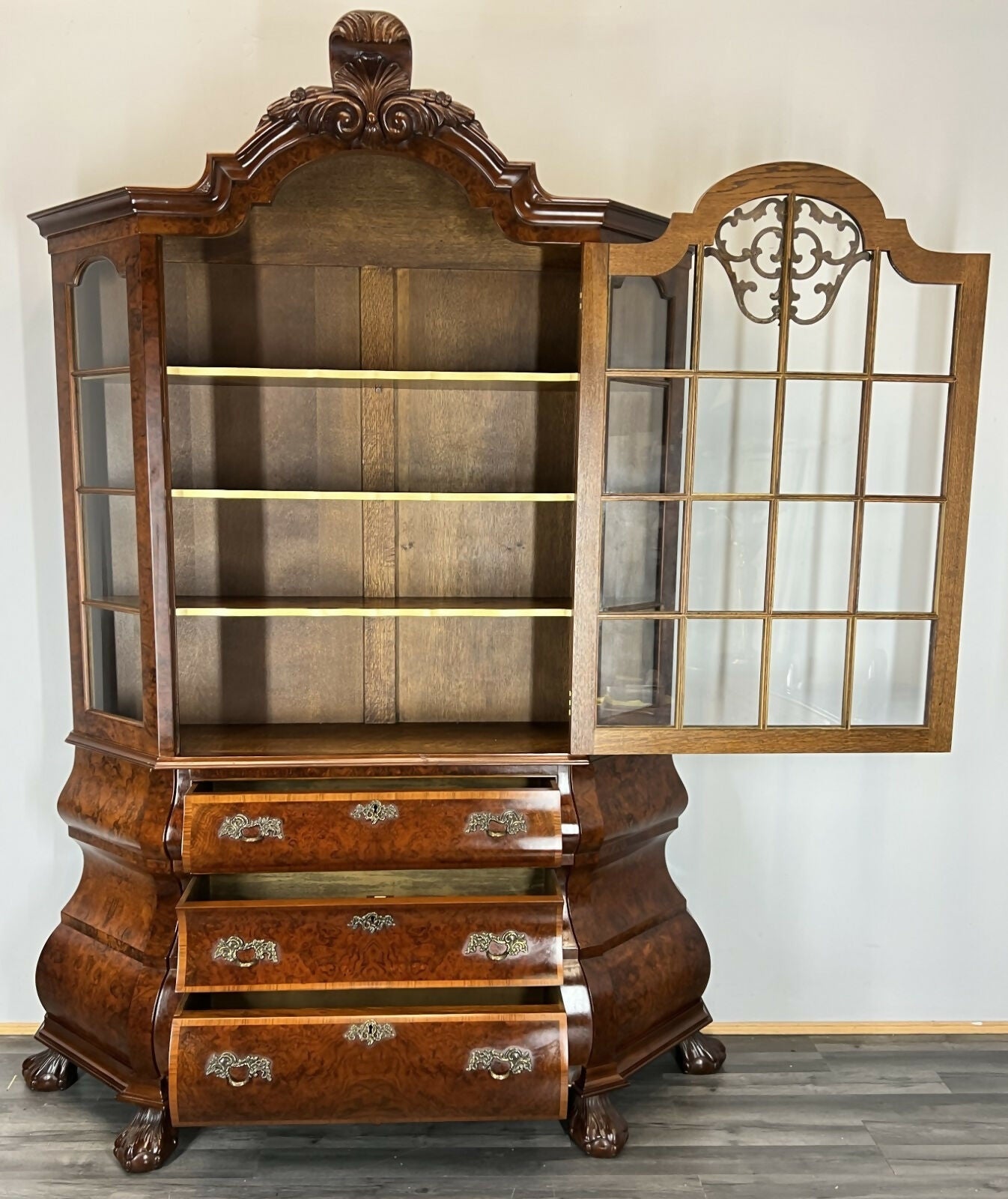 Bookcase Vintage French Carved Glass Doors Sideboard Drawers Cabinet LOT 4490