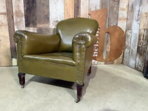 Vintage Edwardian Green Leather Armchair, c.1930
