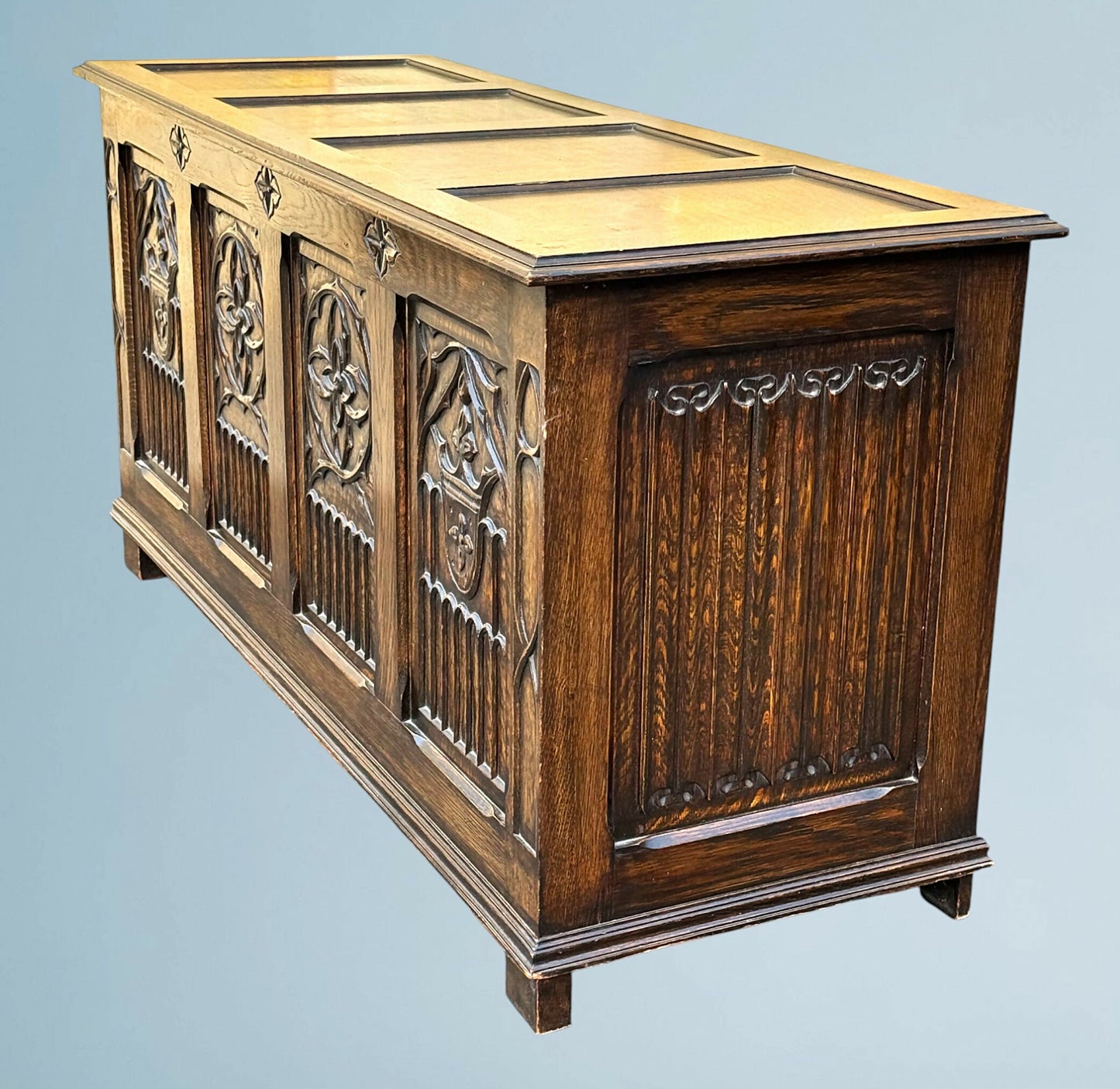 A Large Carved Oak Bedding or Blanket Box With Raised Linen Fold Panels