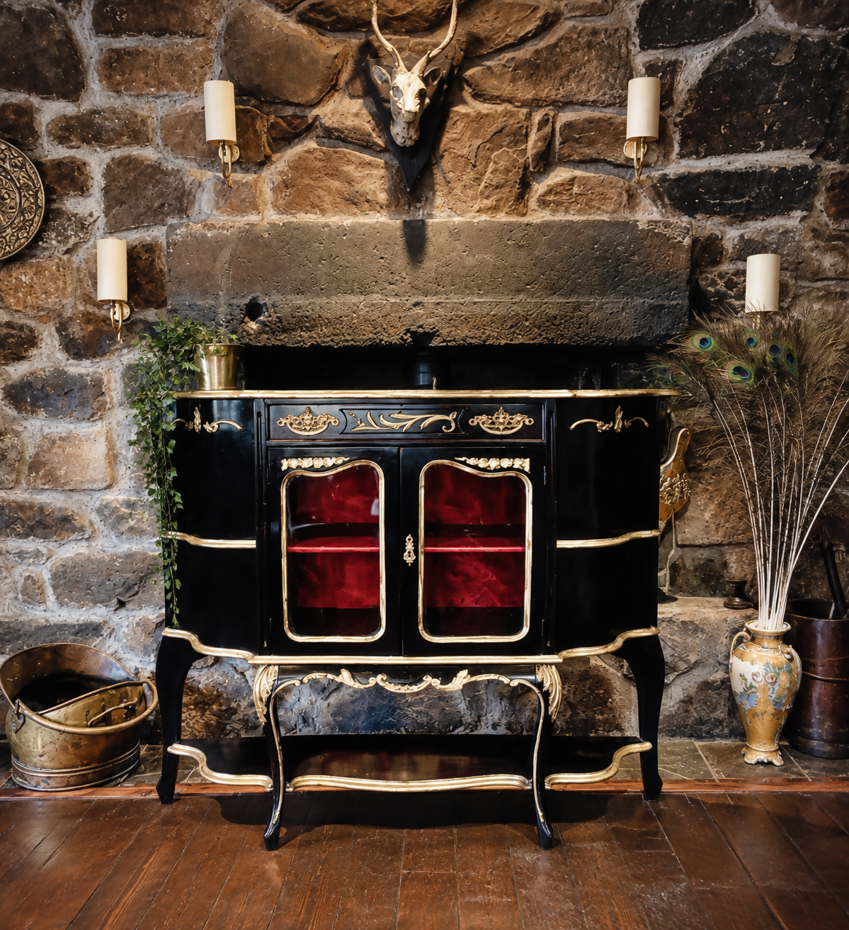 French Style Black & Gold Sideboard / Drinks Cabinet - Red Velvet Interior