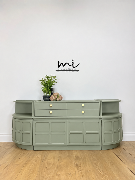 Refinished Nathan sideboard set in Pale Sage Green, modular, corner cabinet, tv stand, media unit, drinks, mid century modern, cupboard