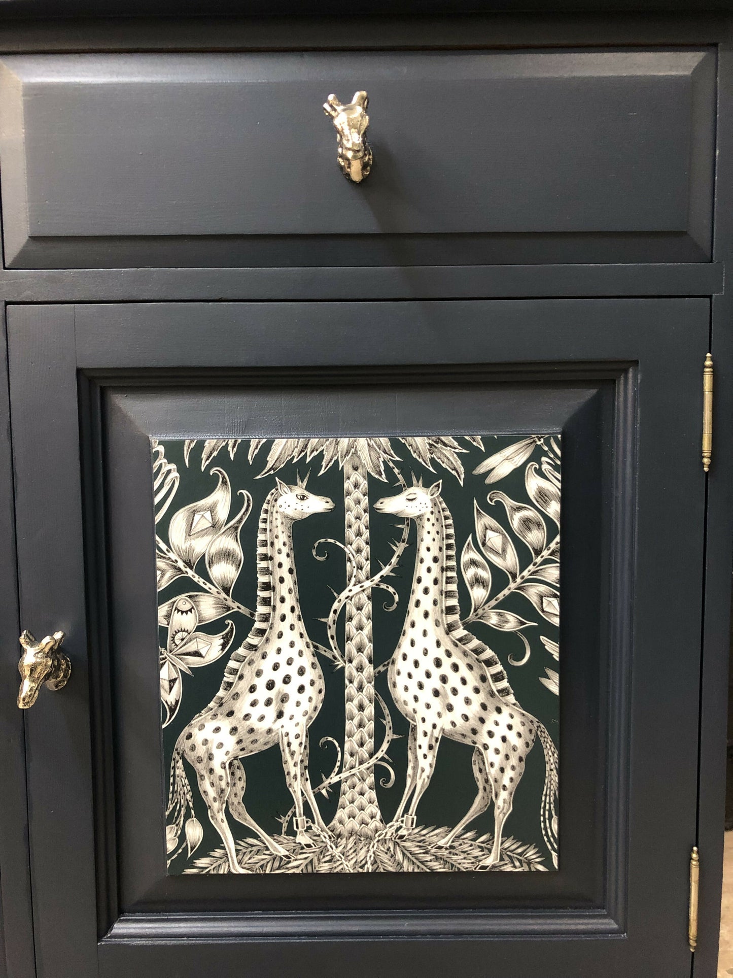 MADE TO ORDER: Upcycled sideboard/buffet with wallpaper fronts, drawers – Dark navy sideboard, Giraffe themed wallpaper