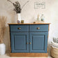 Vintage Solid Pine Blue Painted Sideboard, Hallway Cabinet with Stripe Detail and Floral Interior