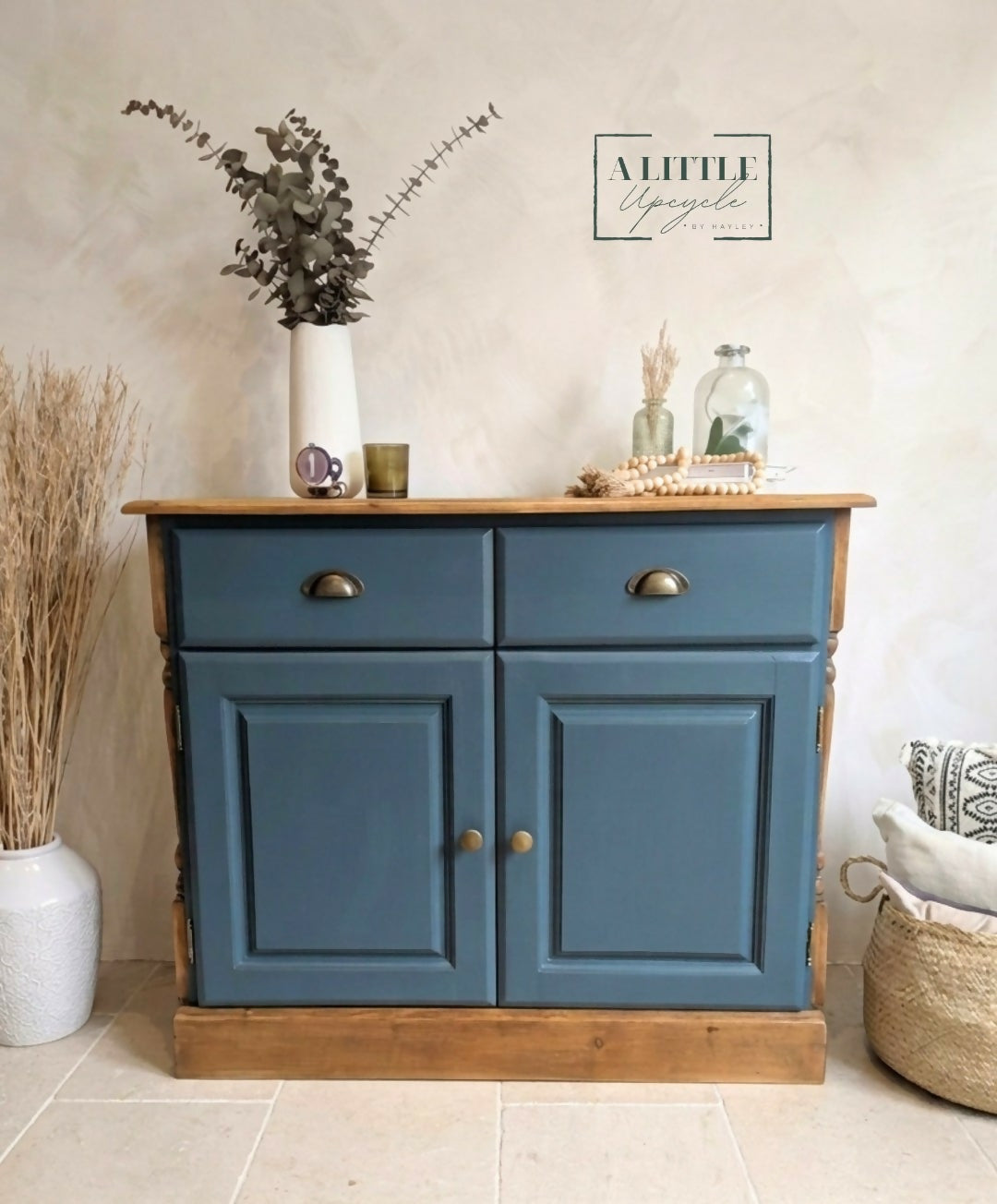 Vintage Solid Pine Blue Painted Sideboard, Hallway Cabinet with Stripe Detail and Floral Interior