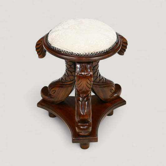 Chinese Dressing Stool Fish Carvings Studded Upholstered Seat FREE UK Delivery. SBR10753/2307E