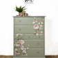 Refinished Stag Minstrel Tallboy Chest Of Drawers in Pale Green with delicate pink floral design