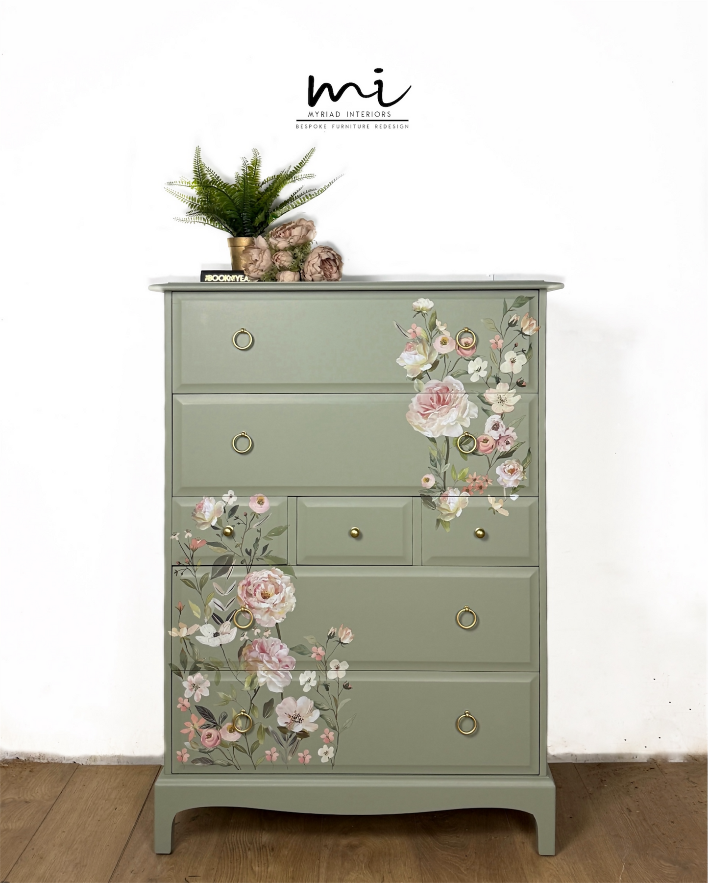 Refinished Stag Minstrel Tallboy Chest Of Drawers in Pale Green with delicate pink floral design