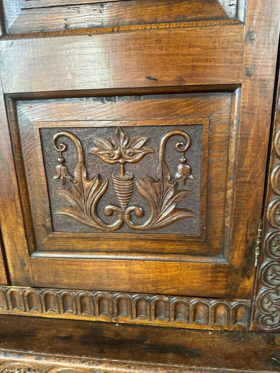 Antique Carved Welsh Oak Hall Livery Cupboard, c 1890