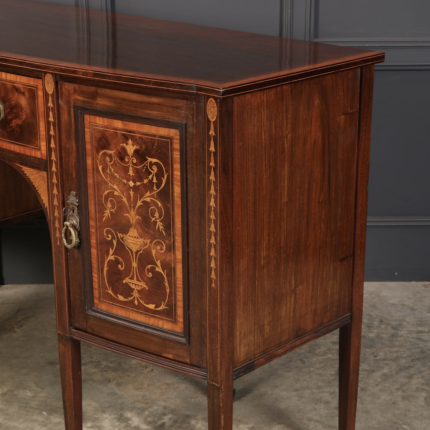 Marquetry Inlaid Mahogany Bow Front Antique Sideboard