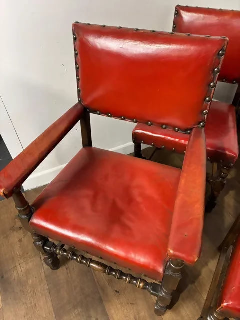 Vintage Set of Six Oak Framed Red Leather Dining Chairs