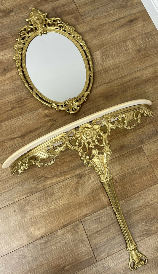 Mirror Vintage French Style Brass Marble Console Ornate Wall Mirror Set LOT 6272