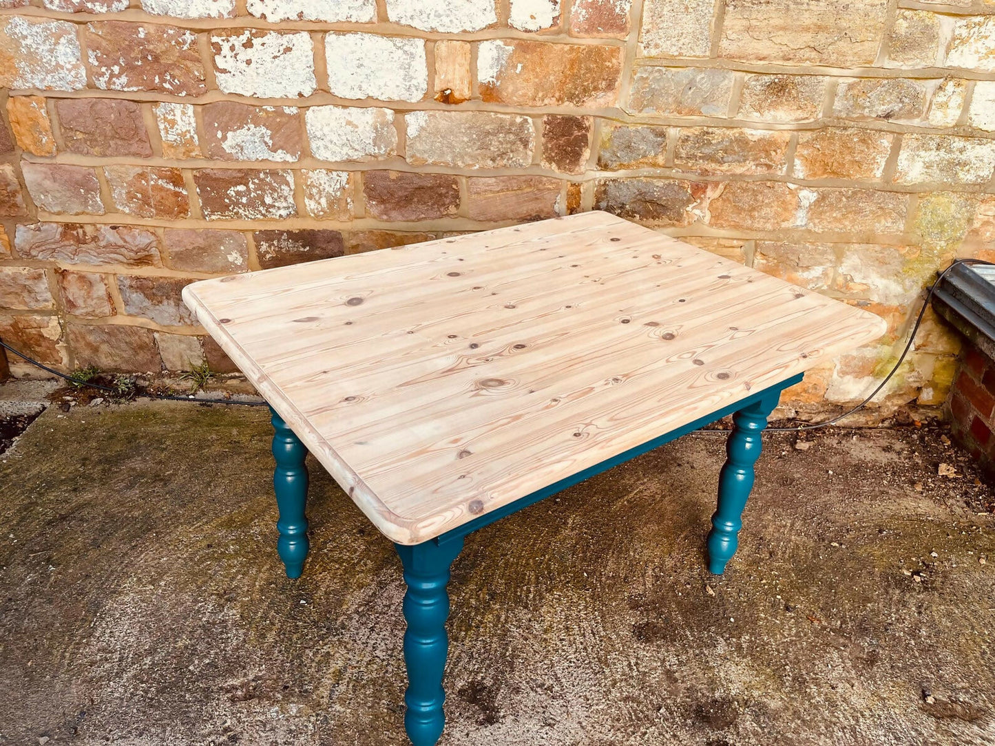 Restored Rectangular Pine Dining Table – Sanded Timber Top & Teal Painted Legs