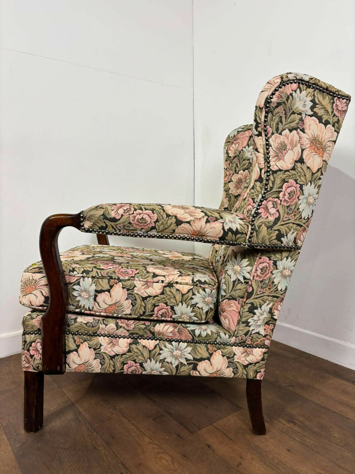 Vintage Reupholstered Floral Wingback Fireside Armchair