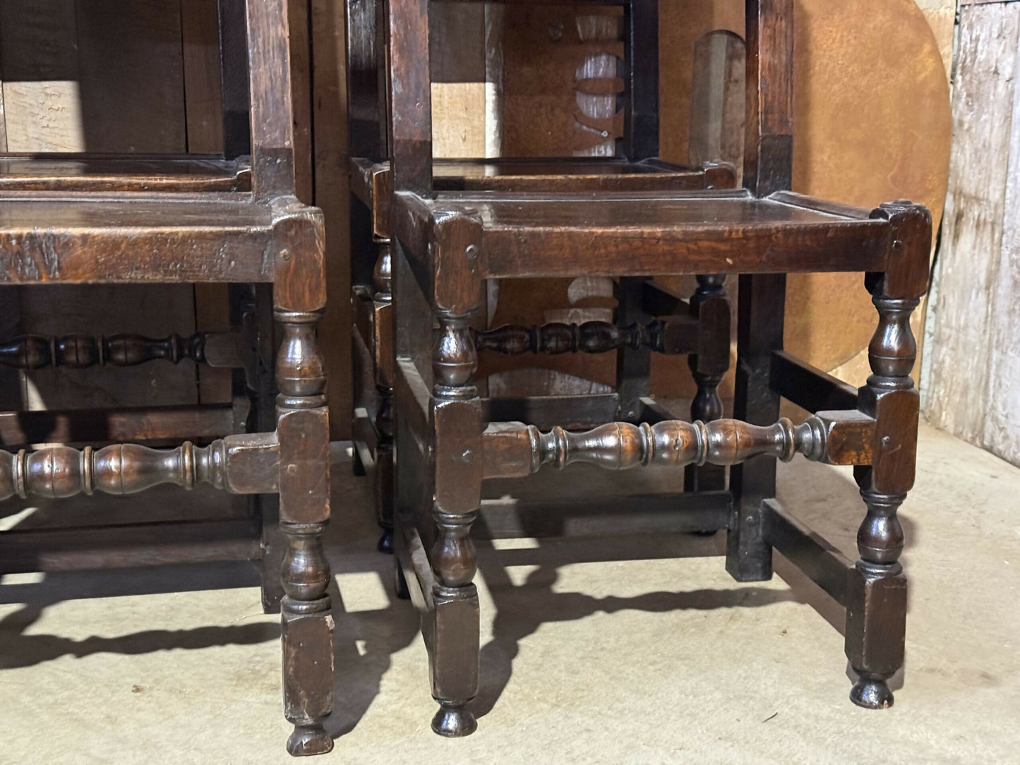 Antique Set Six 6 Oak Cromwellian Revival High Back Carved Edwardian Dining Chairs, c1920