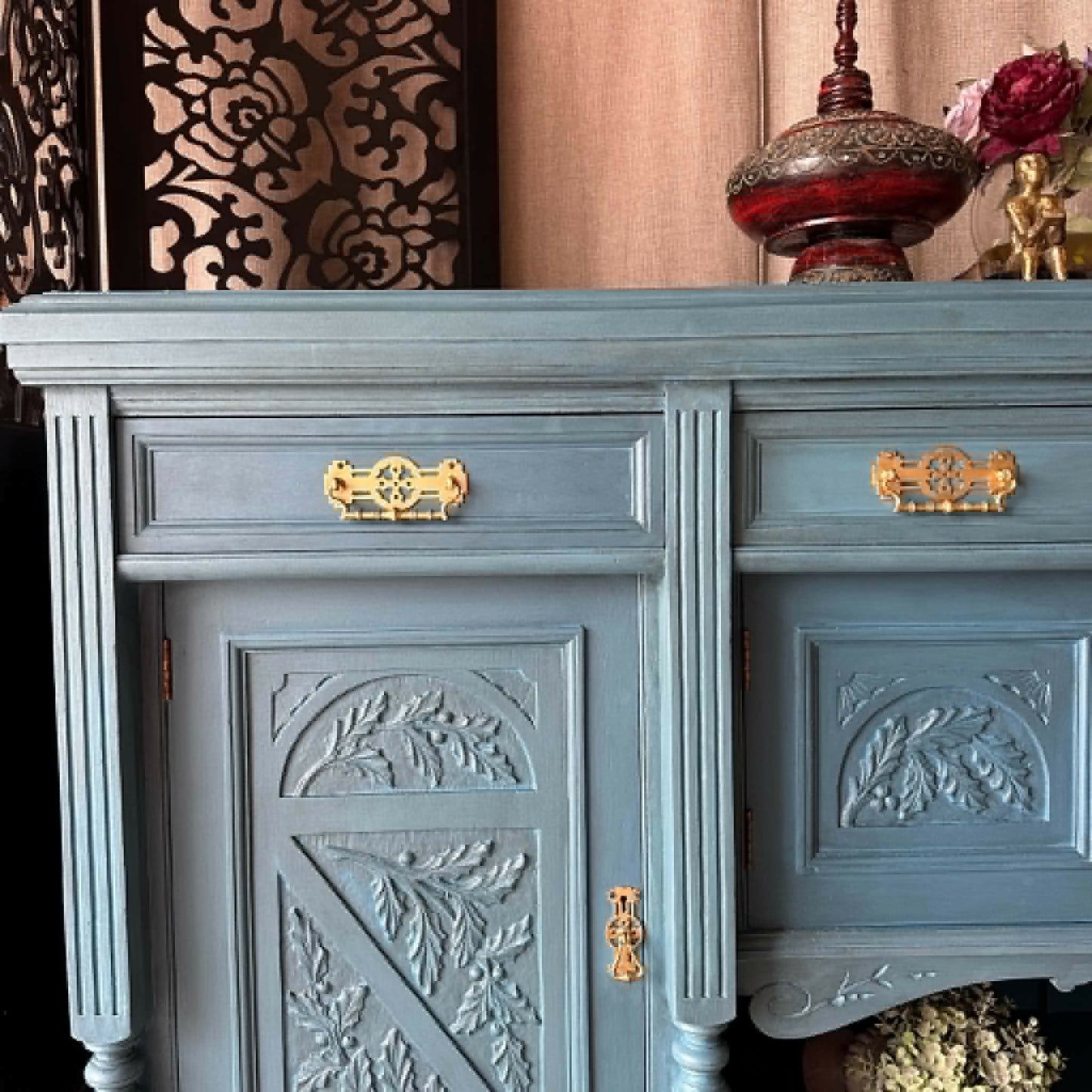 Blue Vintage Carved Sideboard