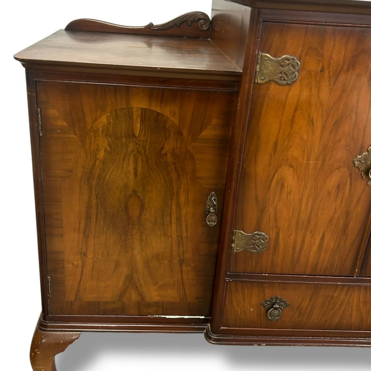 Queen Anne Walnut Sideboard | Vintage Drinks Cabinet with Brass Hardware