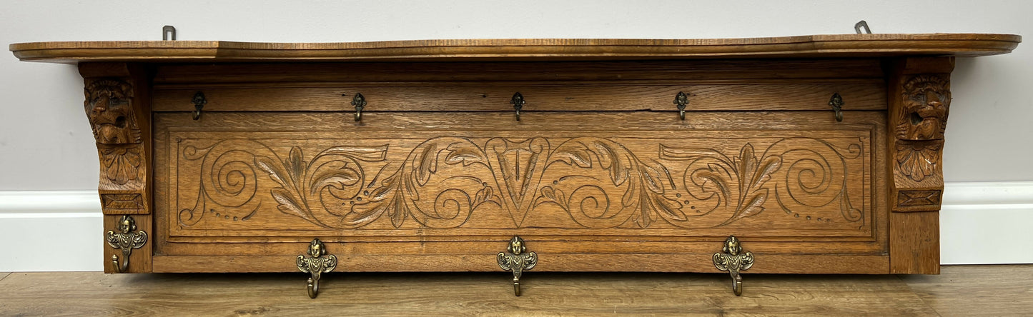 Coat Rack Antique French Carved Oak Wall Mounted 9 Hooks Rack Hanger LOT 6292