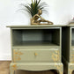 Stag Minstrel Bedside Tables In Pale Sage Green With Gold Foil Bird And Floral Design