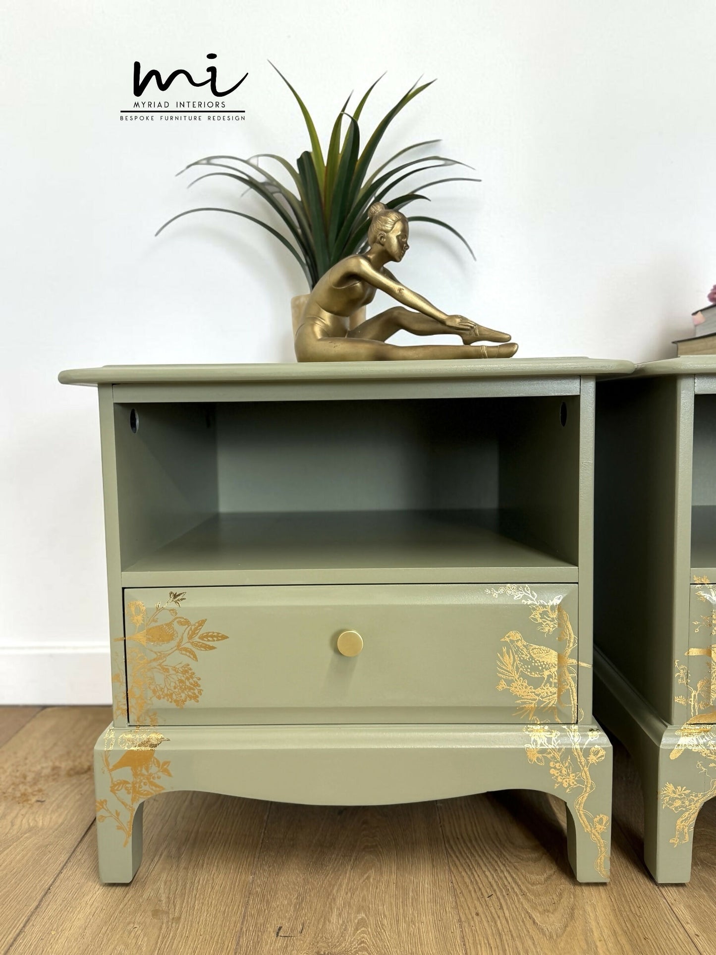 Stag Minstrel Bedside Tables In Pale Sage Green With Gold Foil Bird And Floral Design