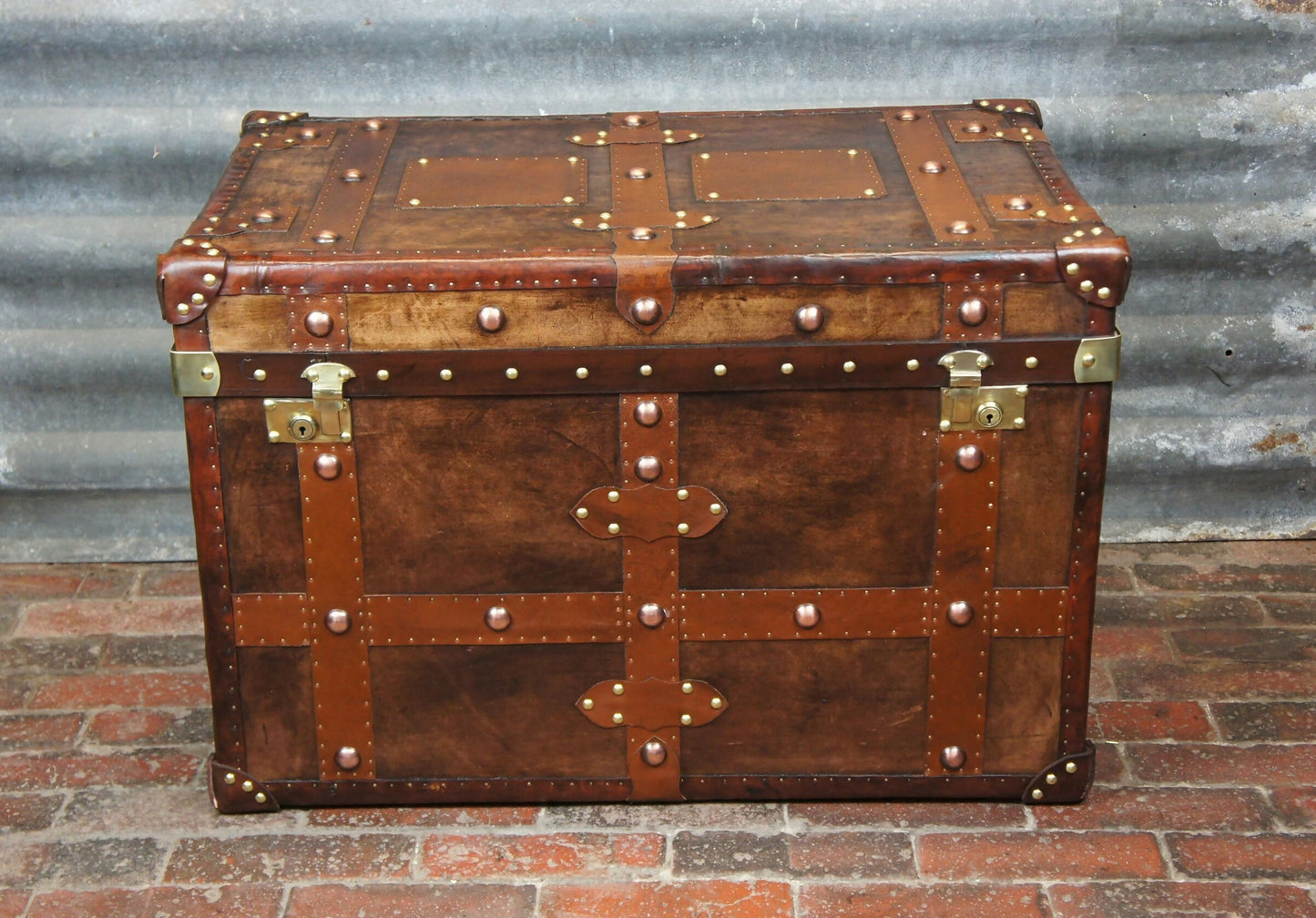 Vintage Inspired English Leather Steamer Trunk Interior Coffee Table End Table