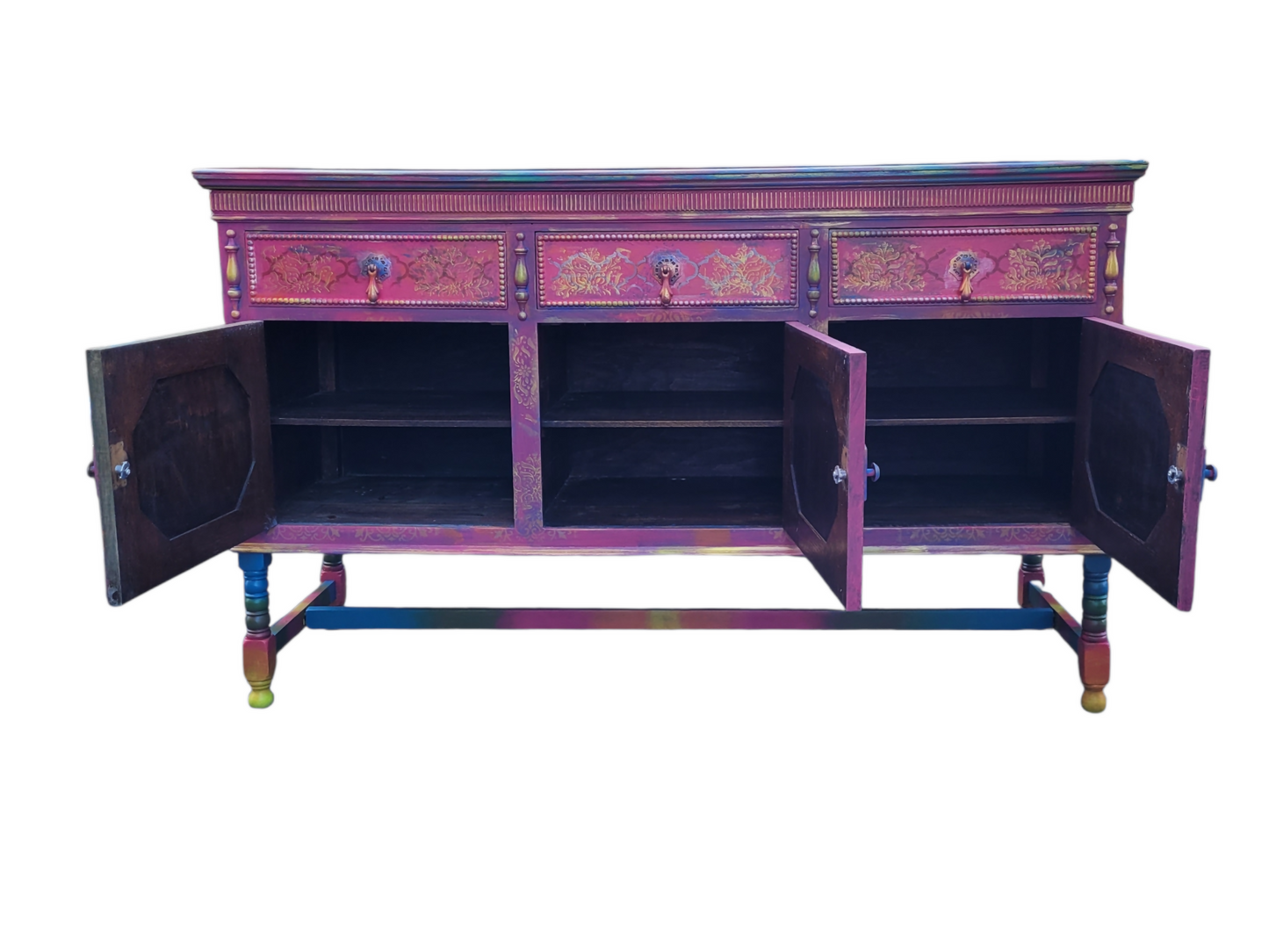 Boho Statement Cabinet. Hand Painted Vintage Sideboard. Colourful One of a Kind Furniture.