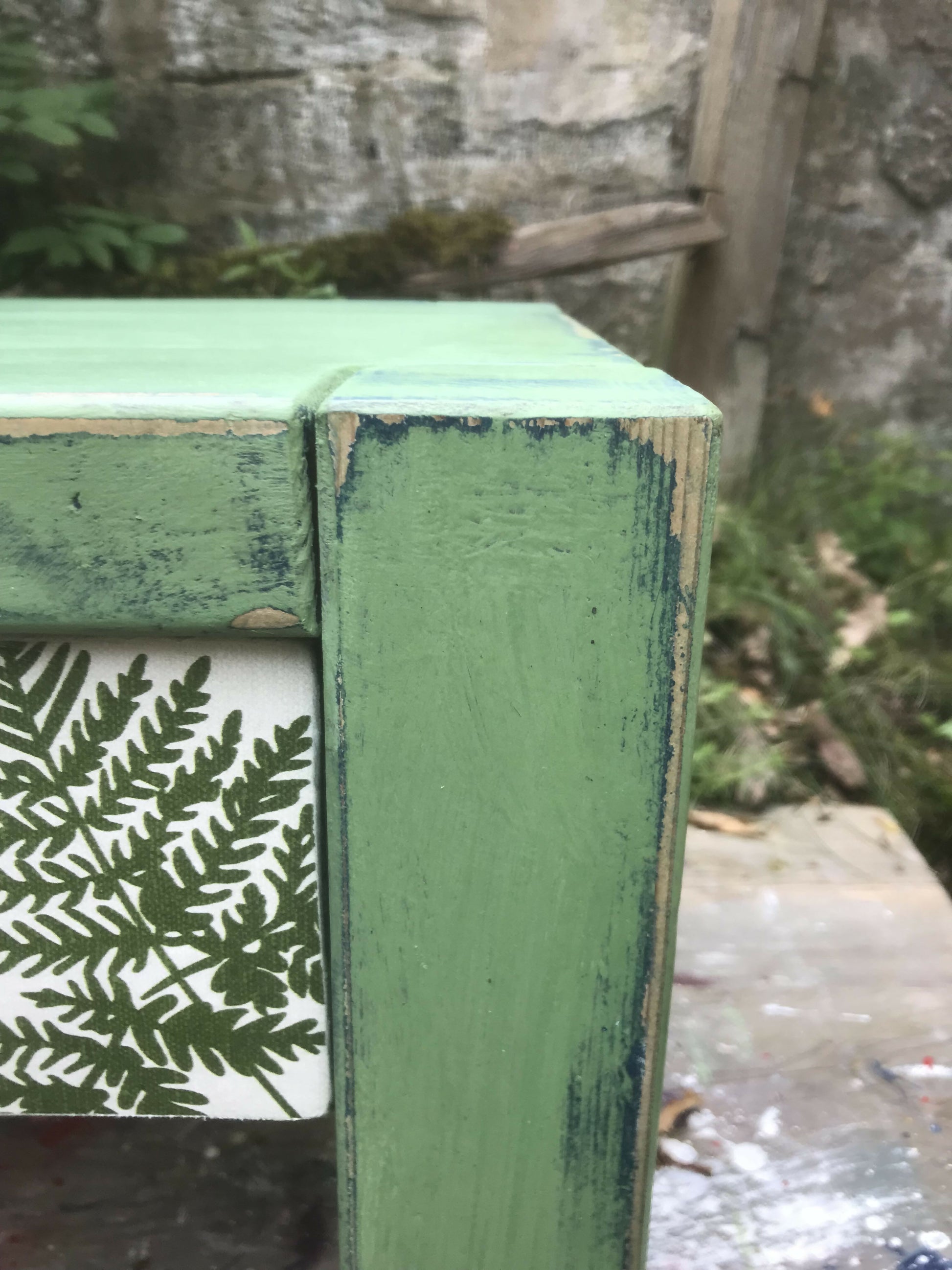 Bedside table painted in Layers of Annie Sloan Chalk paint with decoupaged drawer 2