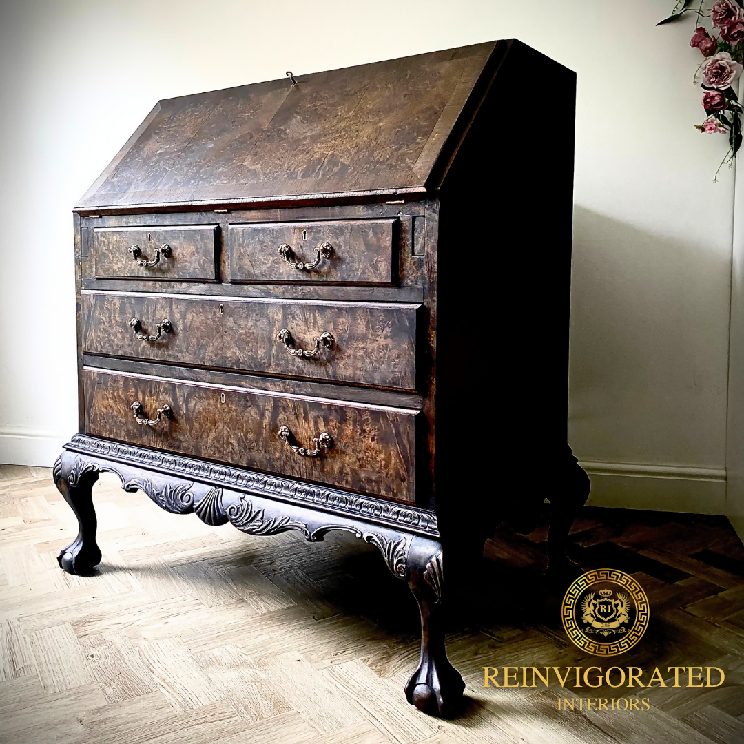 Vintage Burr Walnut Bureau Writing Desk