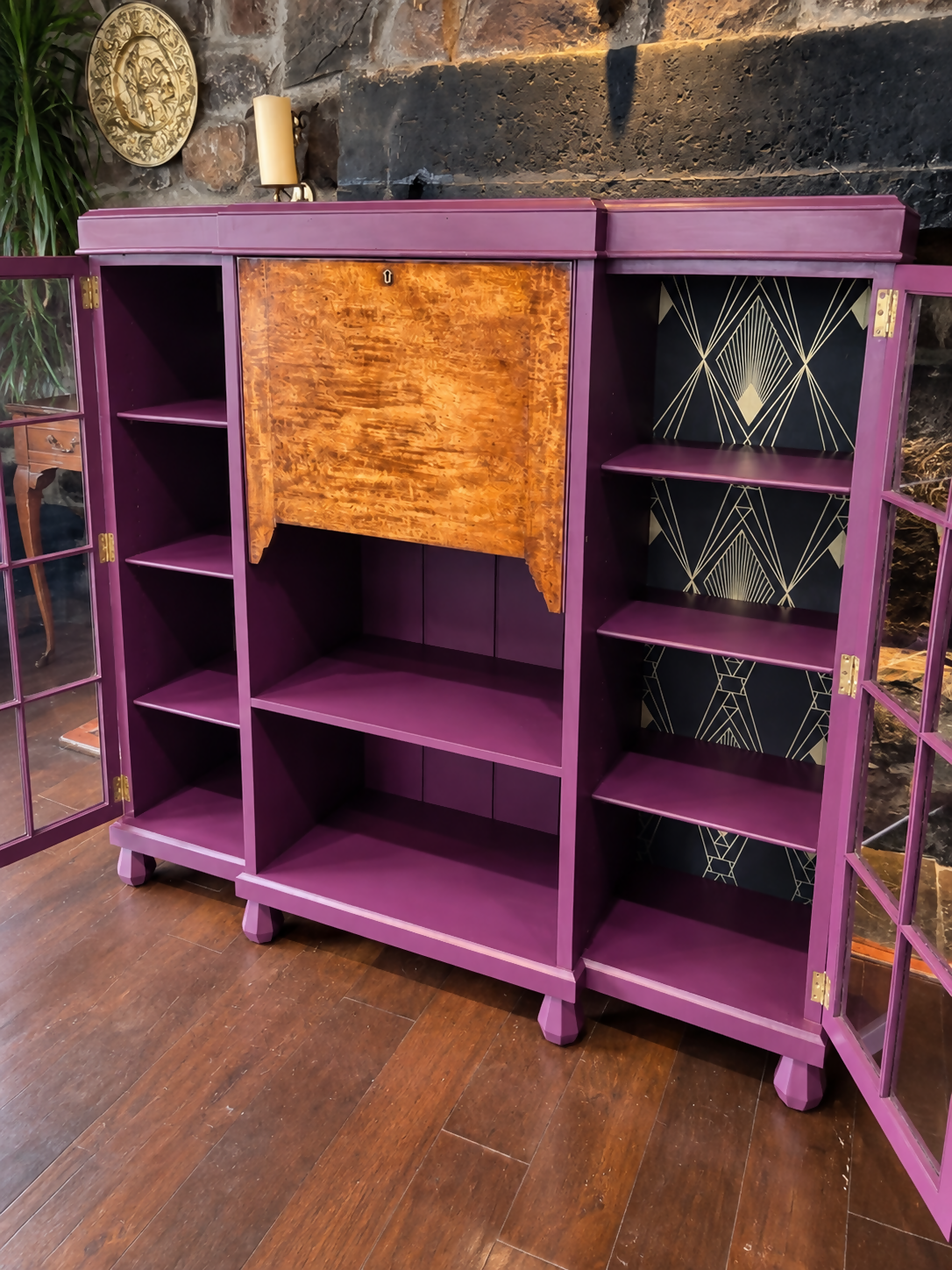 Art Deco Writing Bureau Bookcase & Drinks Cabinet - Aubergine Purple, Walnut & Glass