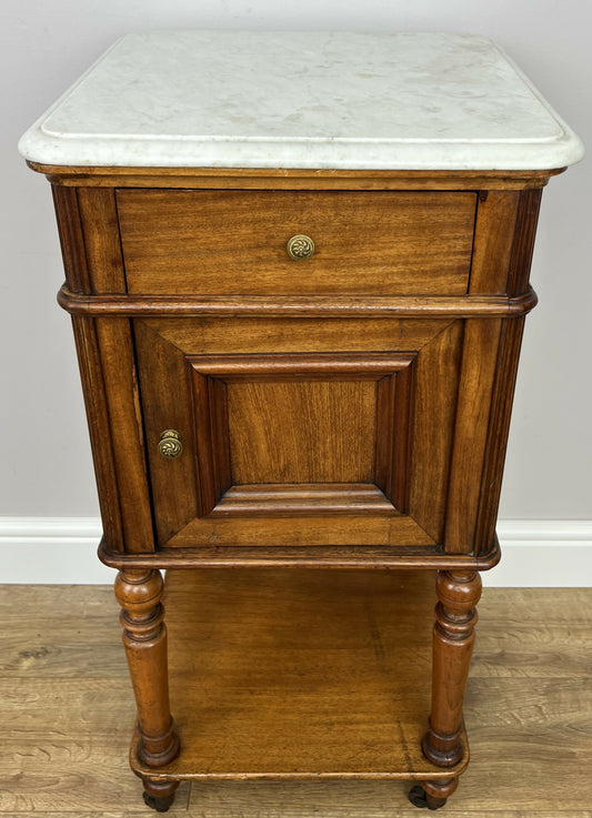 Bedside Table Antique French Style Marble Top Walnut Cabinet Nightstand LOT 6242