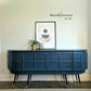 Long Curved Nathan Sideboard in Railings Grey with Black & Gold tapered legs.