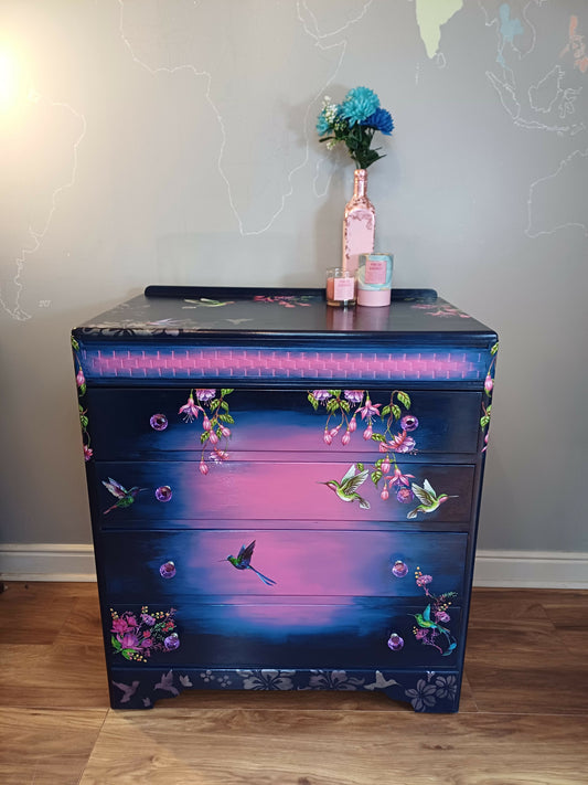 Upcycled Blue and Pink Humming Bird Chest of Drawers
