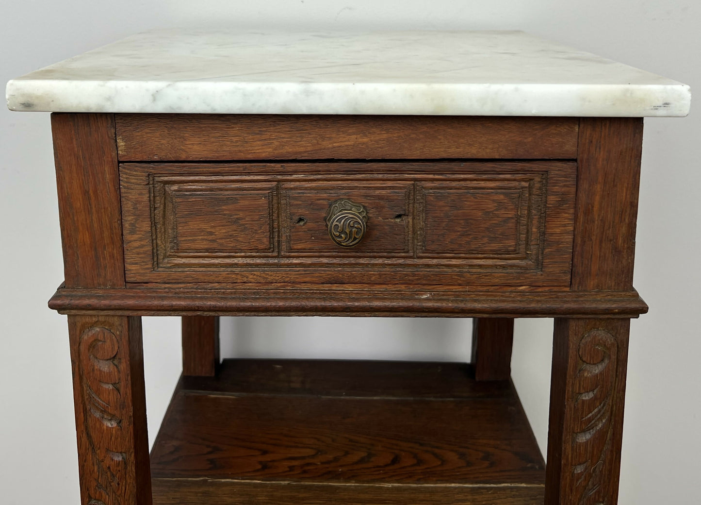 Bedside Table Antique French Marble Top Oak Cabinet Carved Cupboard LOT 6352