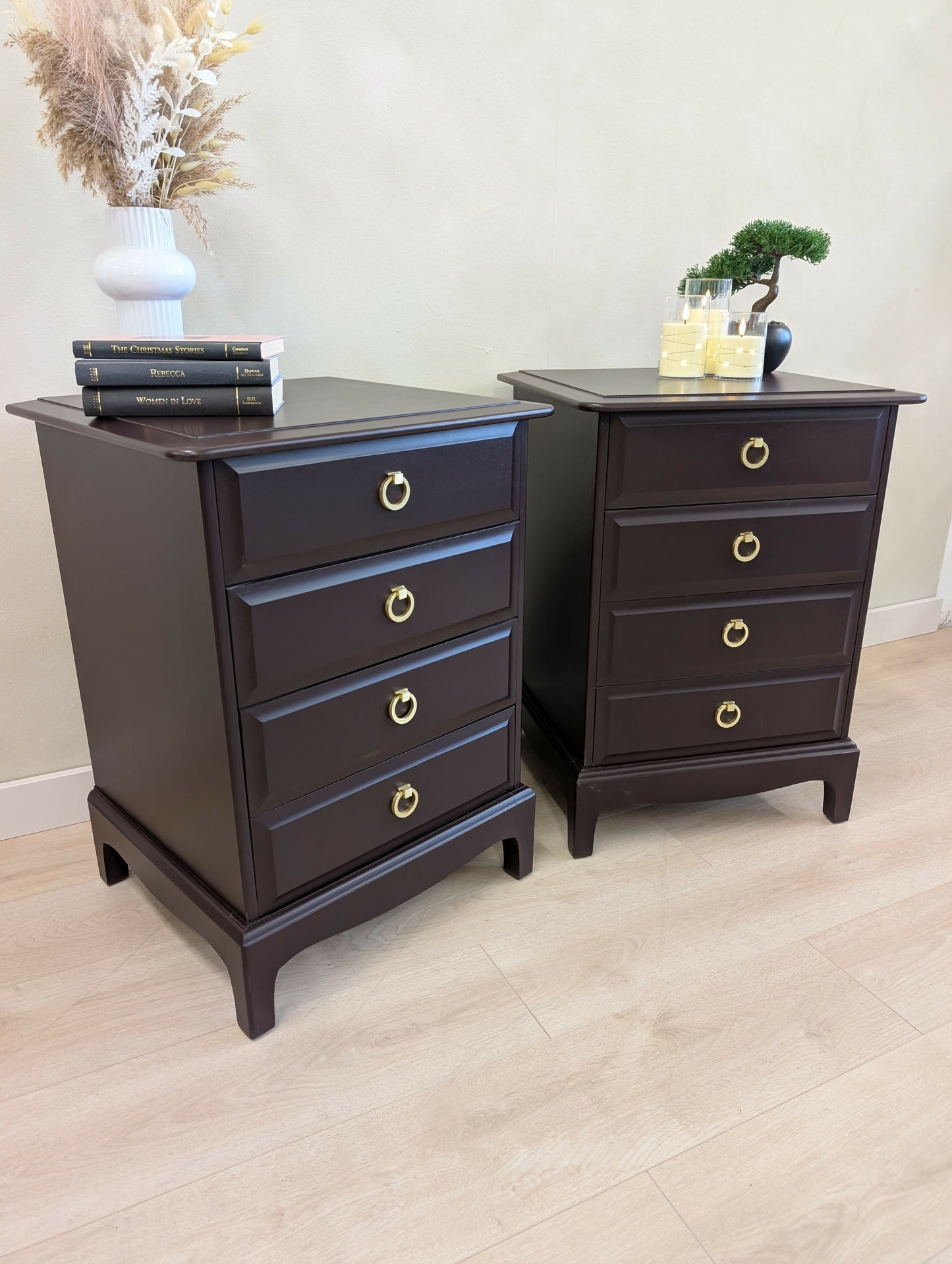 Pair of Stag Minstrel Bedside Tables Mid Century Burgundy Vintage 4 Drawer