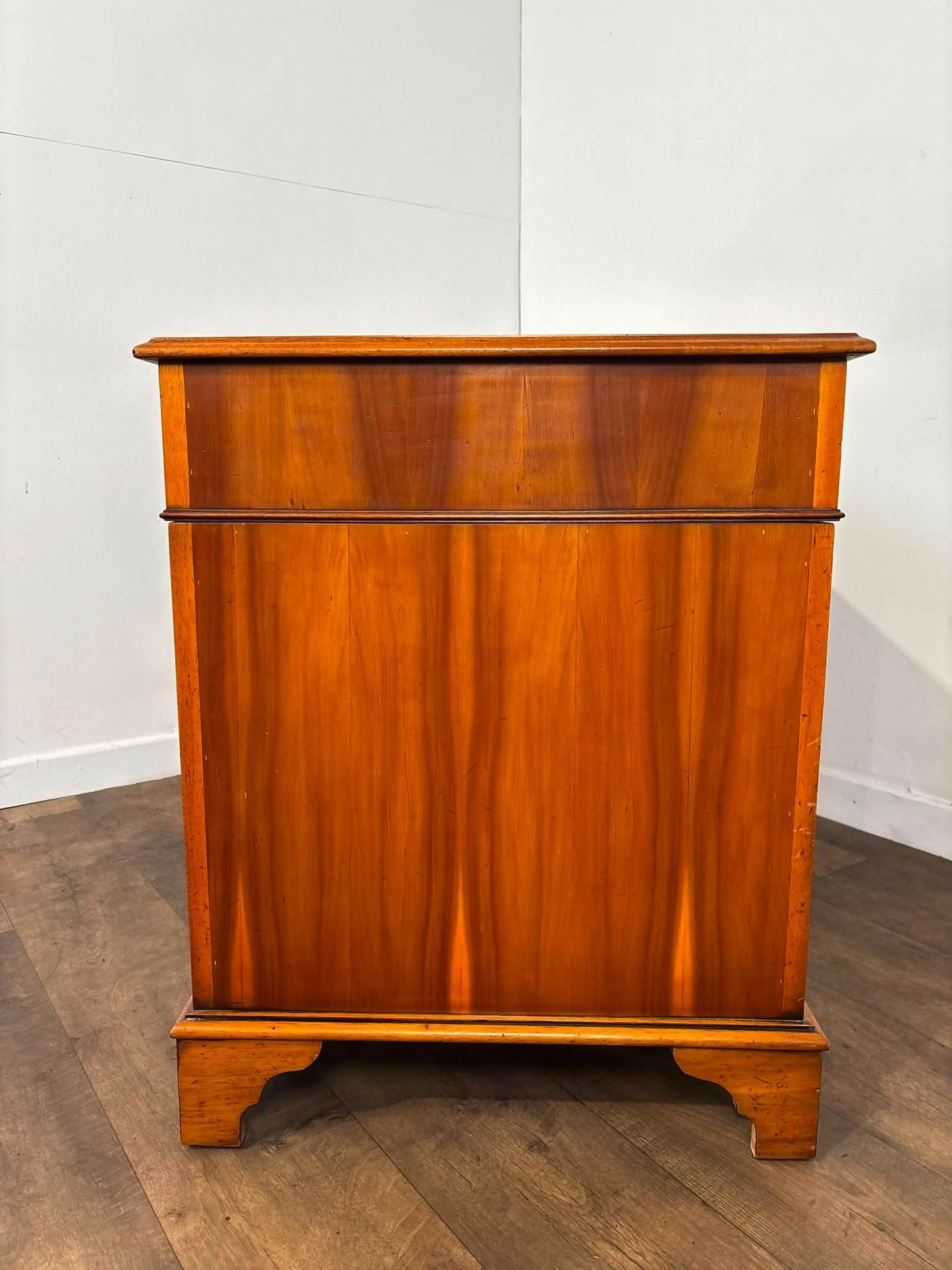 Reproduction Yew Wood Pedestal Desk with Green Leather