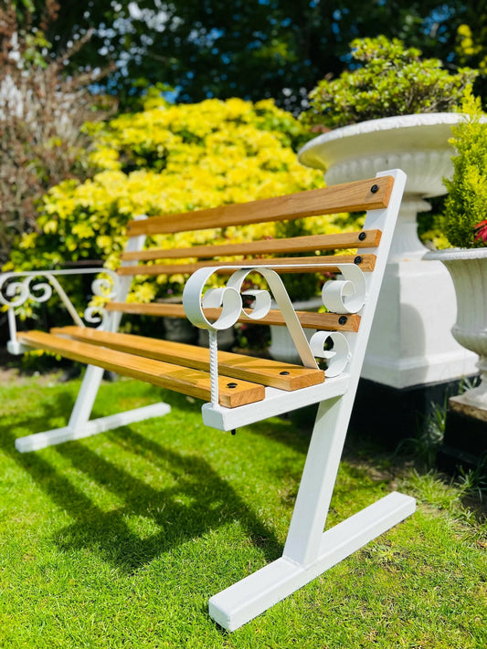 White Vintage Garden Bench Patio Seat in Oak Wrought Iron