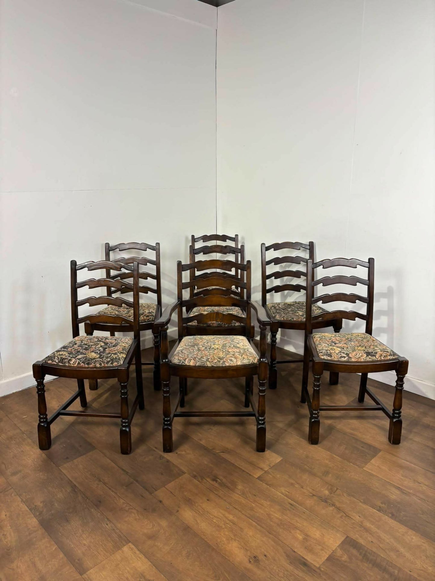Vintage Set of Seven Oak Ladder Back Dining Chairs Including Carver Chair