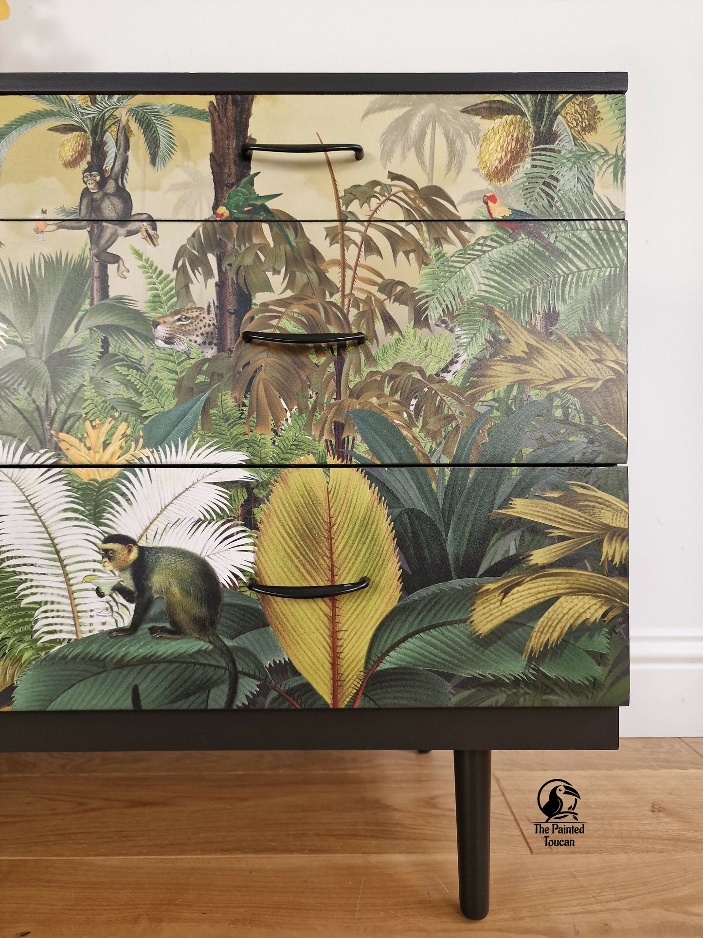 Black Mid-Century Modern MCM Stag Chest of Drawers with Jungle Decoupage