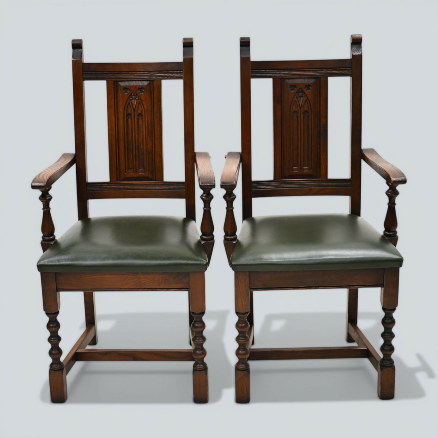 6 Oak Dining Chairs Old Charm Green Leather Seats Tudor Brown FREE UK Delivery
