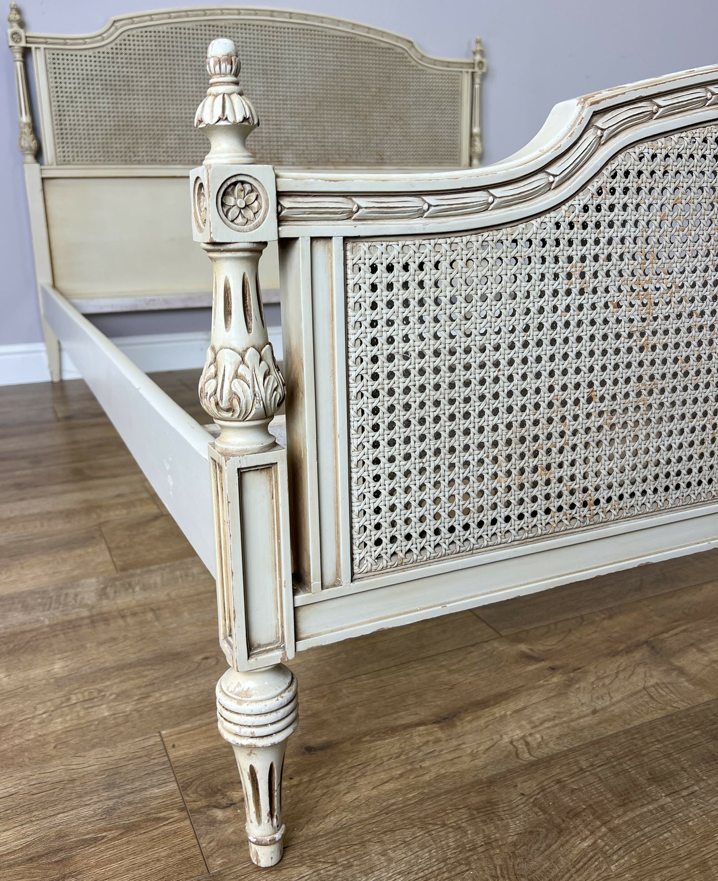 Bed Vintage French King Size Bed Frame Cane Panel Carved Headboard LOT 6410