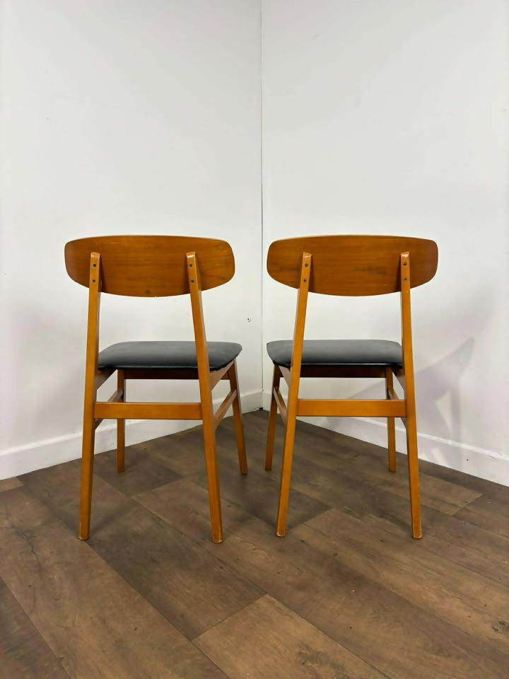 Pair of Mid Century Teak Chairs with Black Upholstery