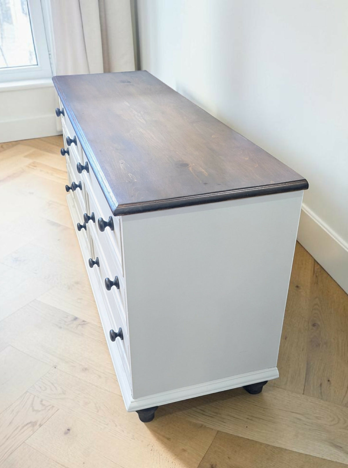 Solid pine rustic off white taupe chest of drawers merchant low boy sideboard