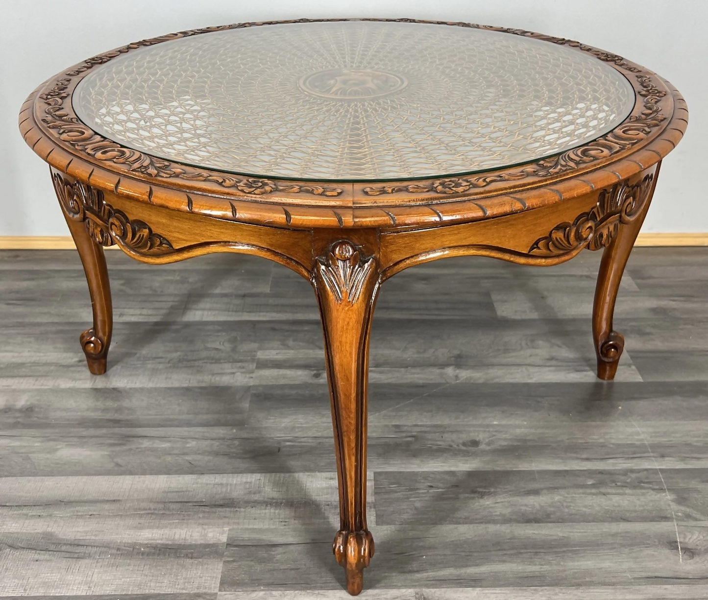 Coffee Table Vintage French Louis XIV Glass Top Ornate Cane Round Table LOT 3941