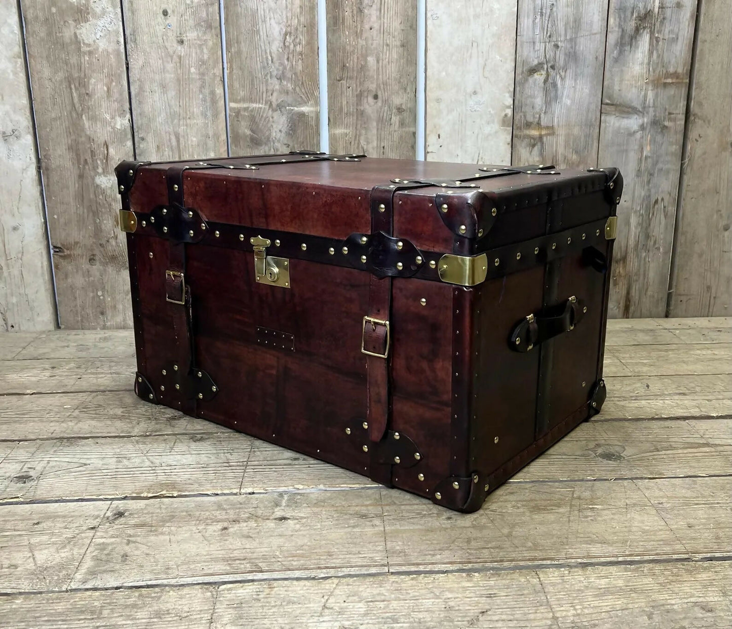 Genuine Bridle Leather Hand Dyed Belted Chestnut Brown Coffee Table Trunk