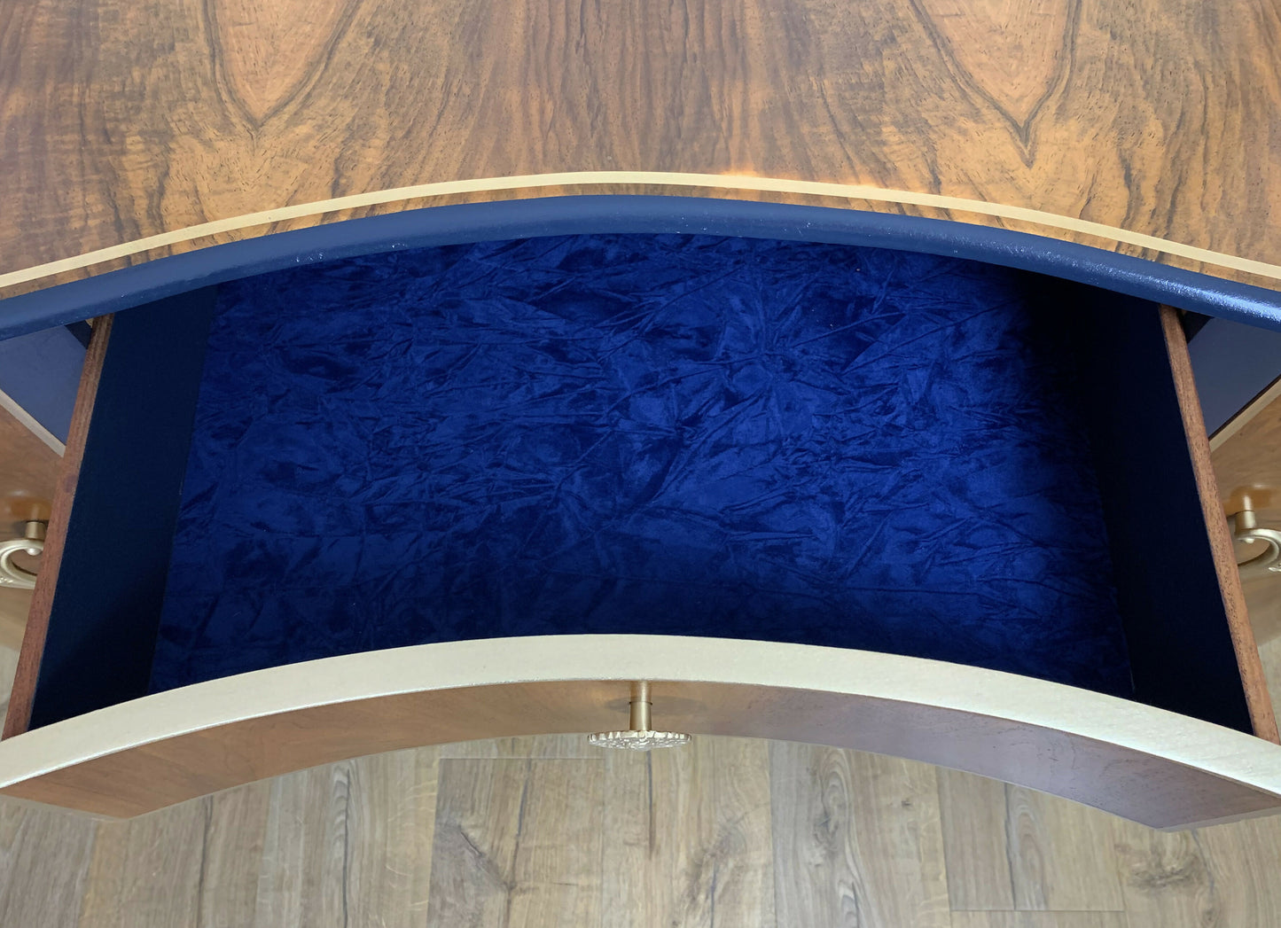 Art deco style Sideboard/Buffet. Palmer House Hotel Tiffany Peacocks. Navy Blue and Gold