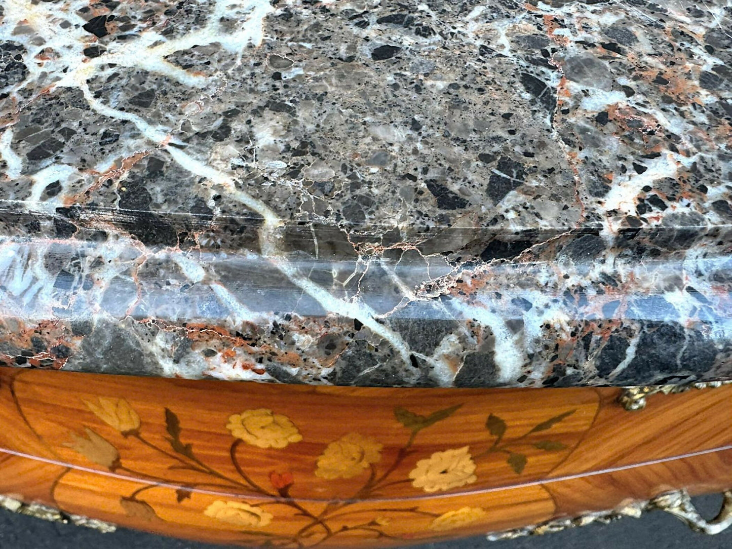 Louis XV Style French Walnut and Marquetry Inlaid Marble Top Commode