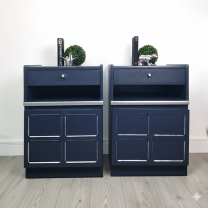 Nathan teak navy bedside tables