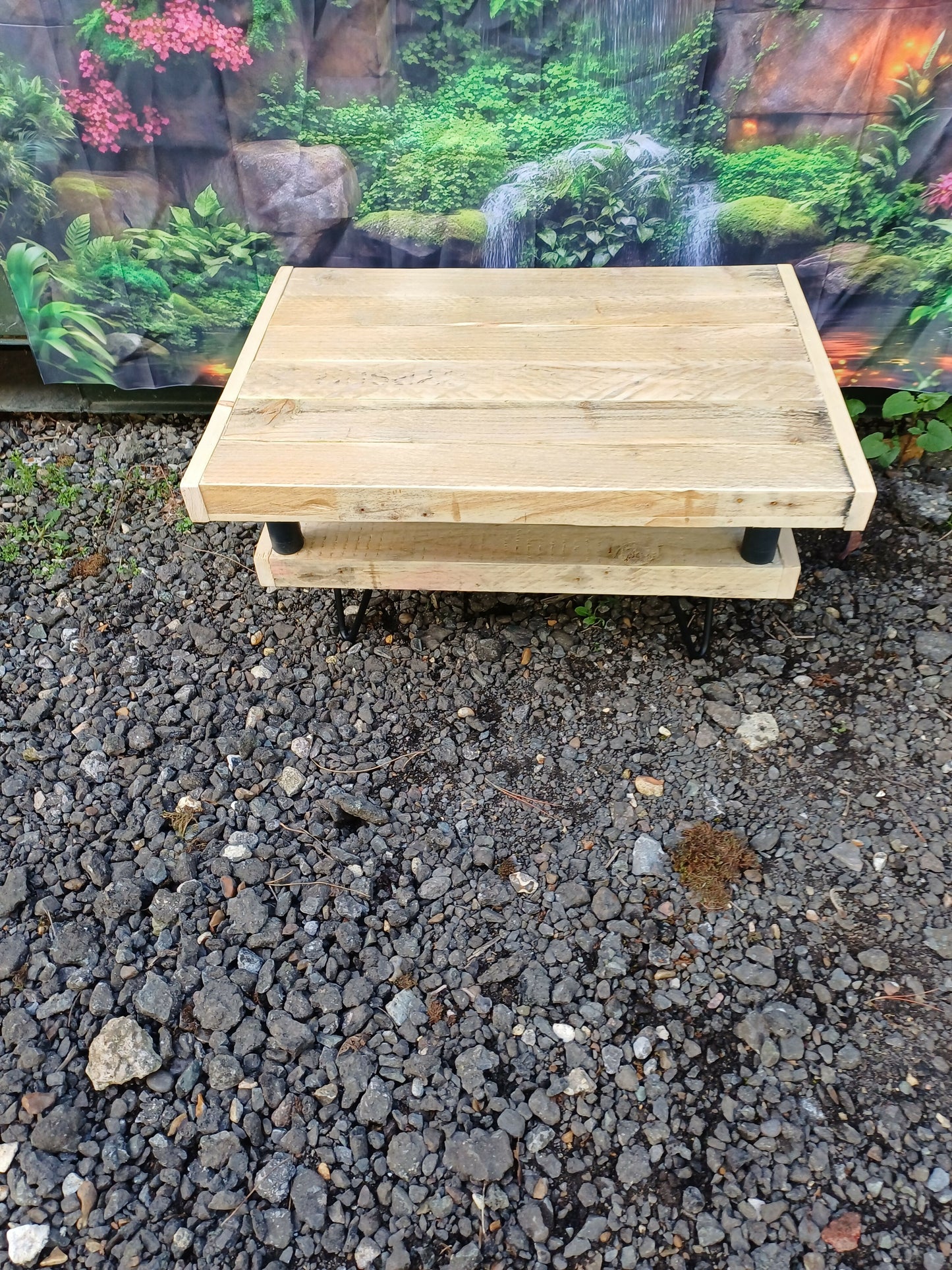 Wooden 2 tier table with hairpin legs